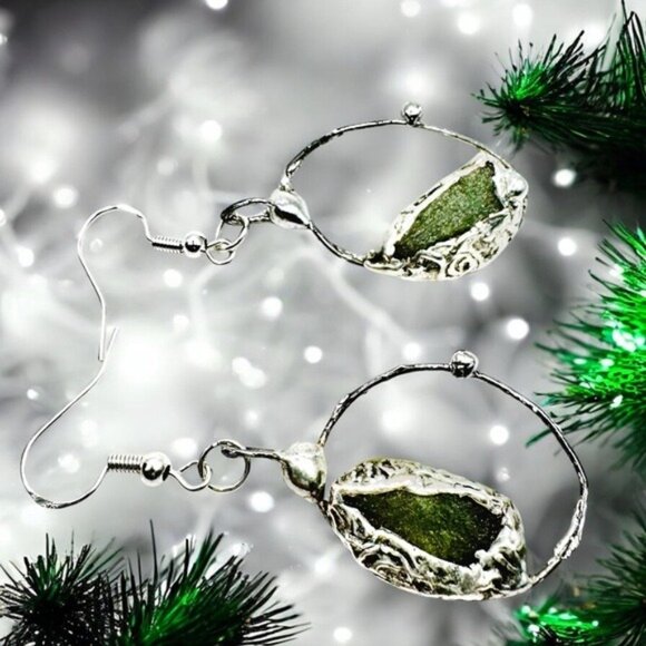 Natural Moldavite & Sterling 925 Boho Metalwork Earrings - Picture 16 of 17